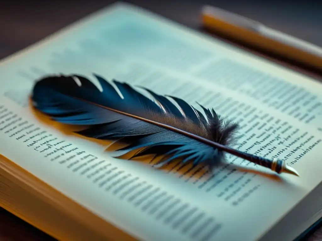 La pluma descansa delicadamente sobre un libro de poesía, creando una atmósfera de profundidad y belleza transformadora