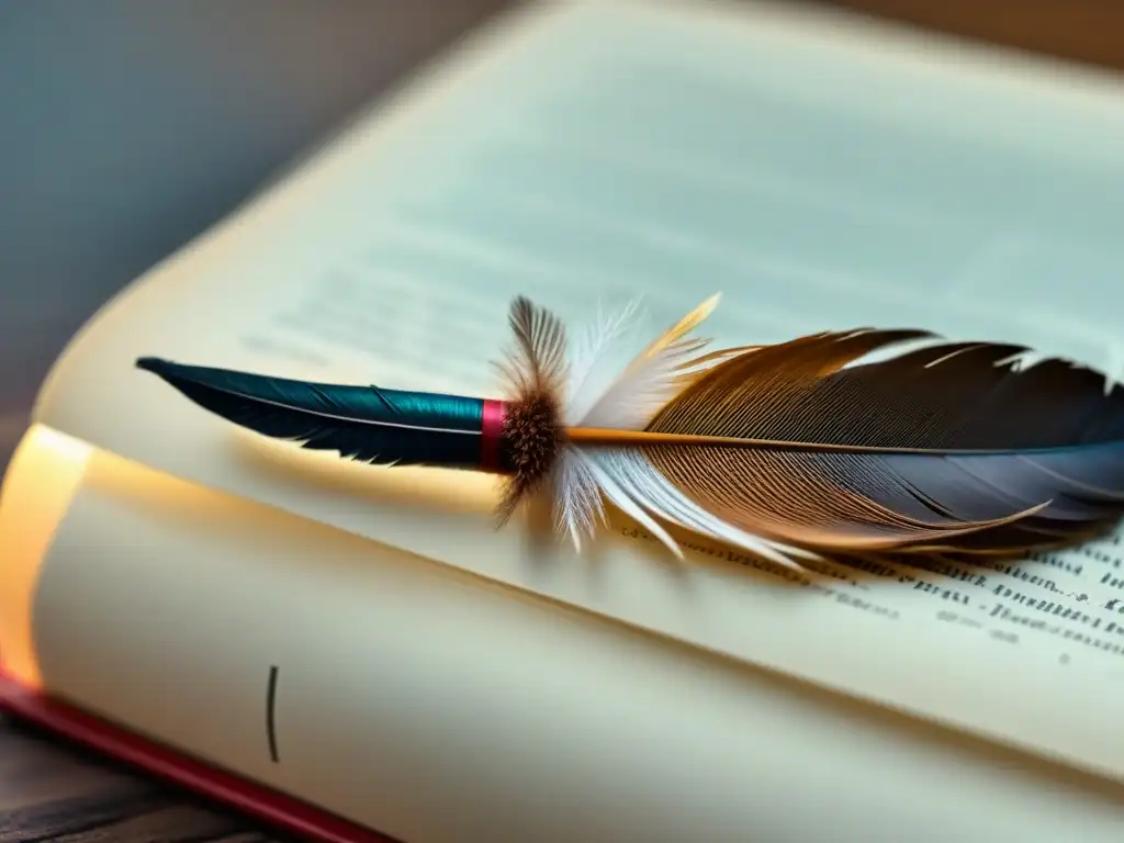 Pluma y libro en equilibrio, detalle y serenidad