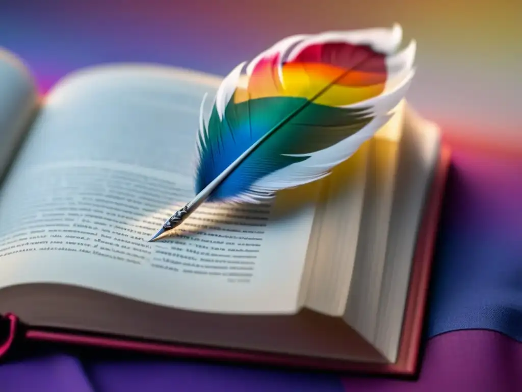 Pluma arcoíris sobre libro de poesía, con bandera LGBTQ+ en fondo