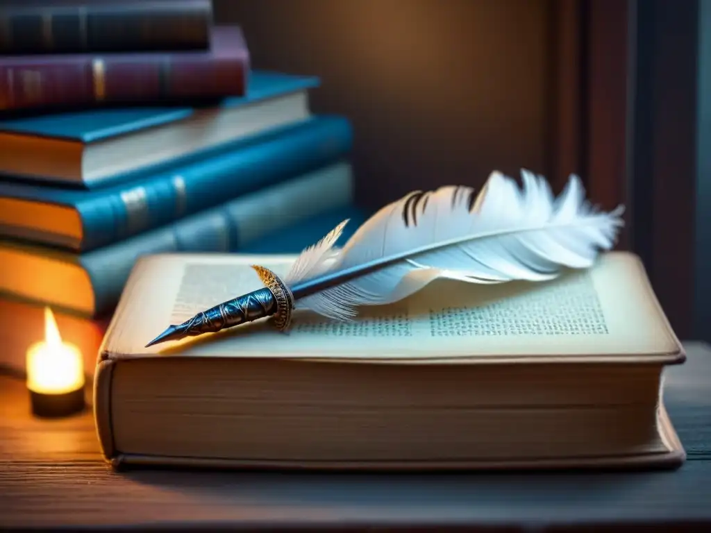 Pluma y libros antiguos: poesía en la penumbra Una pluma de escribir reposa sobre libros antiguos en suaves tonos cálidos, evocando la transformación social a través de la poesía