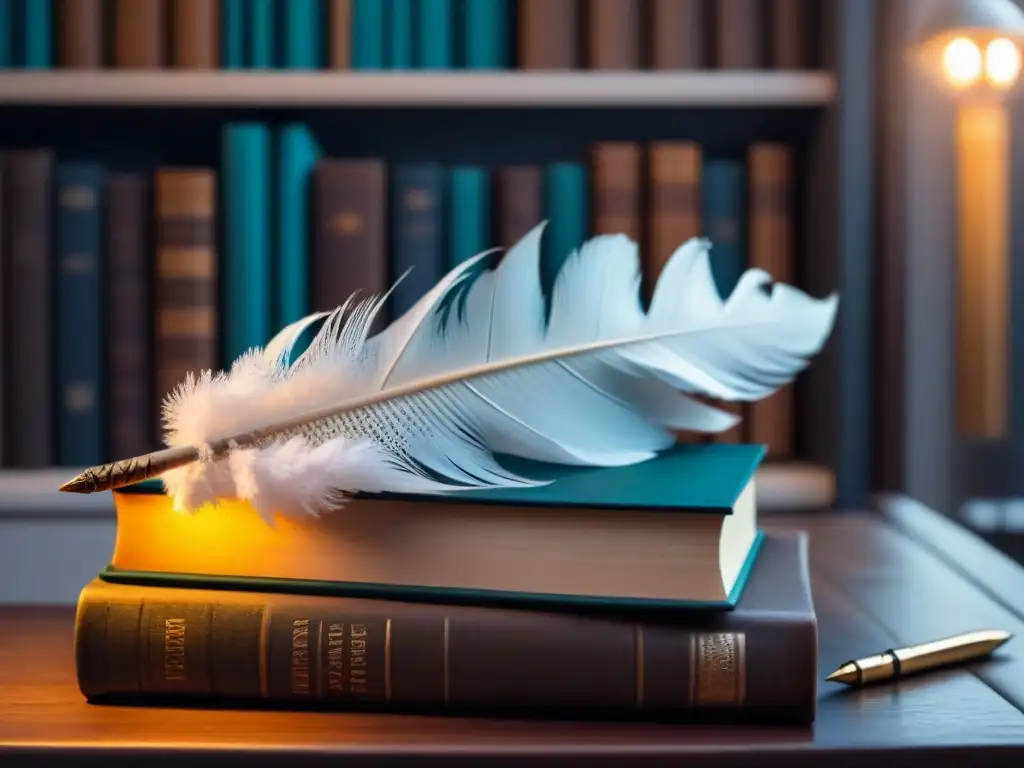 Pluma sobre libros filosóficos, con luz suave resaltando detalles