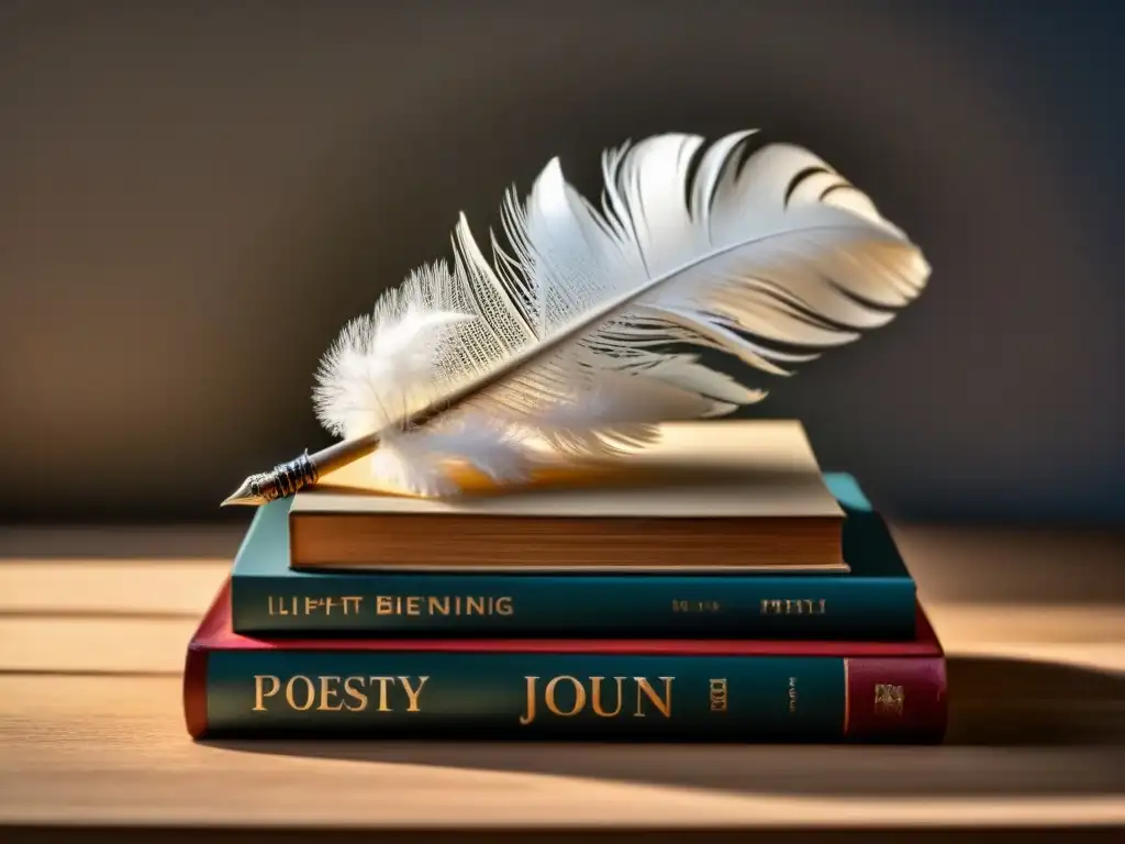 Pluma sobre libros de poesía, luz suave y sombra