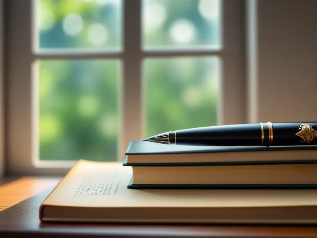 Pluma sobre libros de poesía, luz suave y sombra, poesía visual educación artes visuales