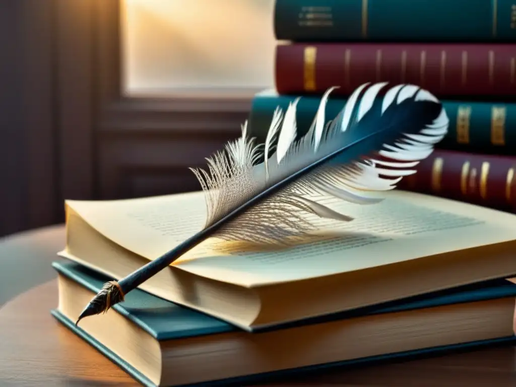 Pluma y libros: inspiración para escritores Pluma sobre libros, luz suave realza detalles