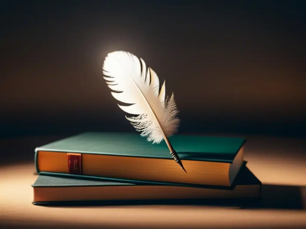 Pluma sobre libros de poesía, iluminada, en una escena minimalista