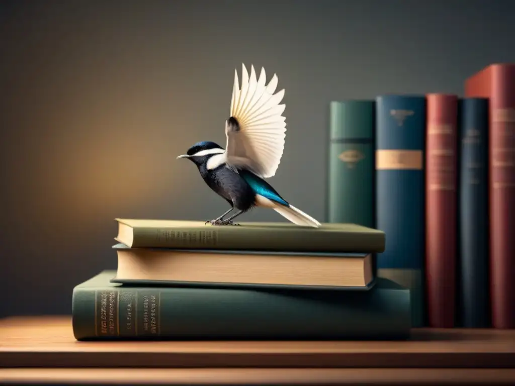 Pluma sobre libros de poesía, proyecta sombra de ave, reflejando el poder transformador de la poesía