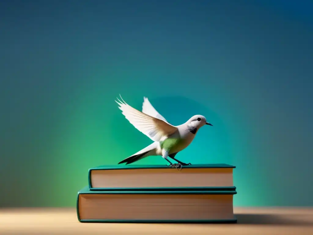 Una pluma sobre libros, sombra de paloma en vuelo