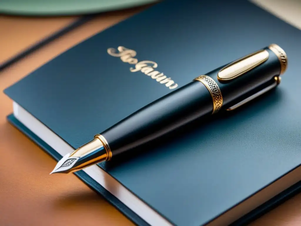 Una pluma de lujo personalizada descansa sobre un elegante cuaderno de cuero negro