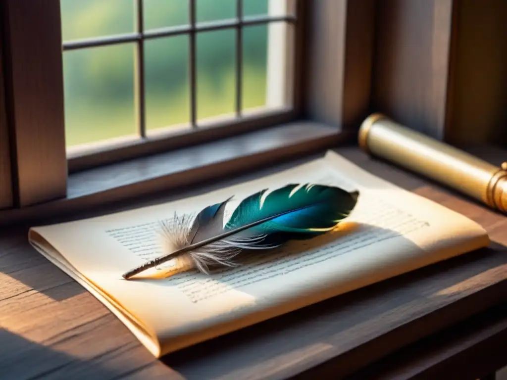 Pluma majestuosa escribiendo en pergamino, luz filtrándose por ventana