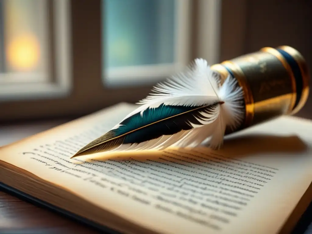 Pluma antigua sobre manuscritos filosóficos: elegancia clásica Una pluma descansa sobre manuscritos antiguos, bañados por luz cálida, evocando la poesía filosófica Lucrezia Marinella