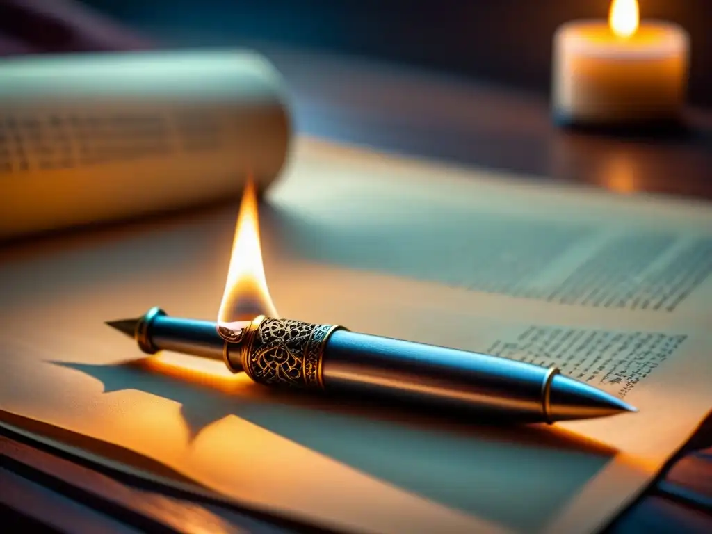 Pluma medieval sobre pergamino iluminado por vela, evocando la voz femenina literatura medieval