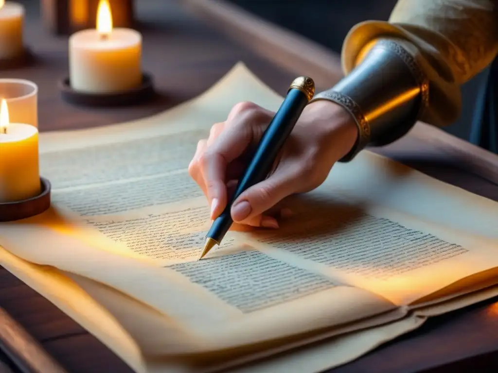 Una pluma medieval escribe sobre pergamino iluminado por una cálida luz de vela