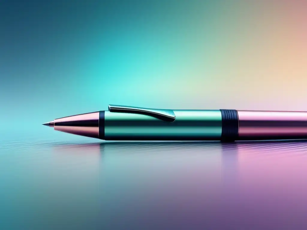 Pluma metálica flotante: fusión de tecnología y poesía Una pluma metálica flotando entre líneas de código, fusionando tecnología y poesía generada por IA en un ambiente sereno y sofisticado
