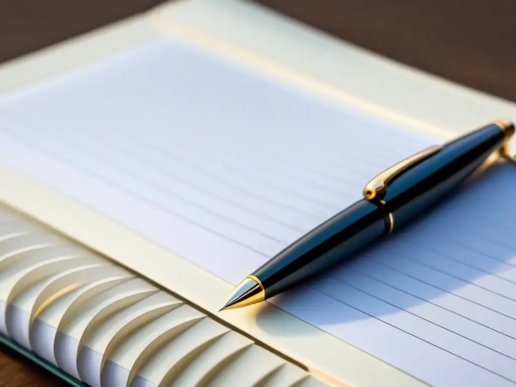 Una pluma moderna descansa sobre un cuaderno abierto con páginas en blanco