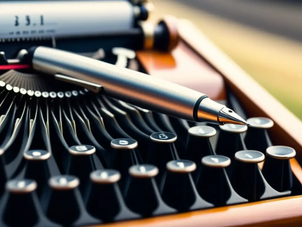 Una pluma moderna descansa sobre una máquina de escribir antigua, iluminada por una suave luz