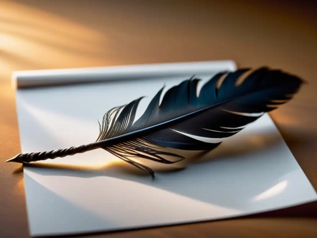 Una pluma negra solitaria descansa sobre una hoja en blanco, iluminada por una lámpara de escritorio cálida