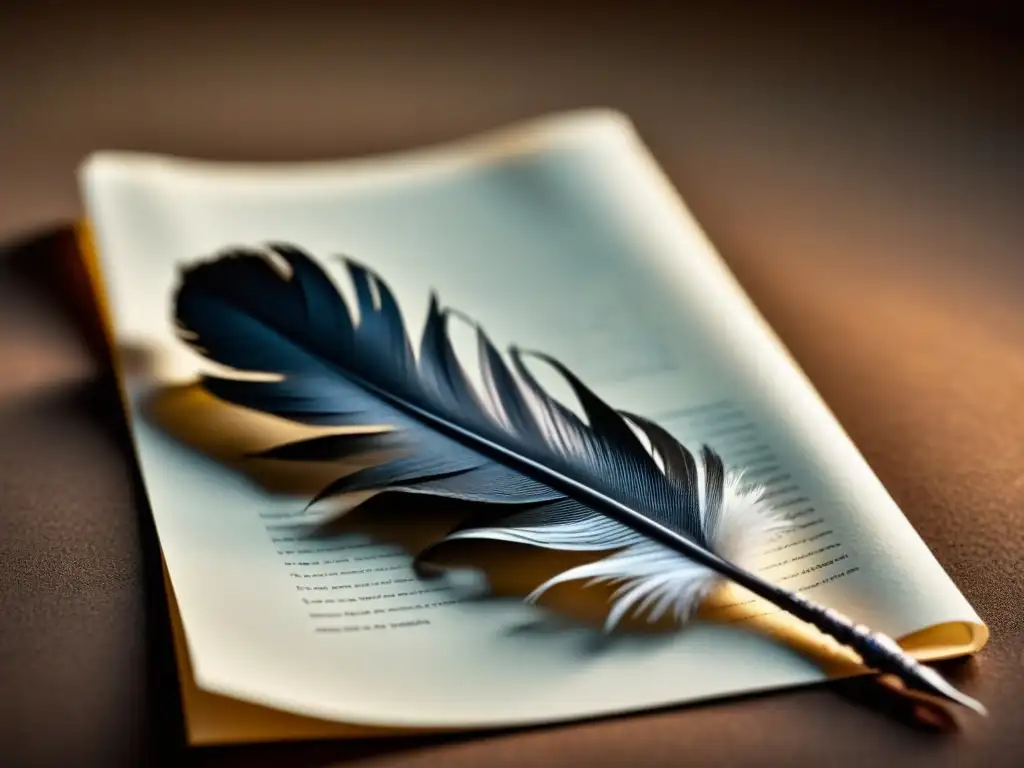 Pluma de escritura sobre papel en blanco: poesía en detalle Pluma de escribir descansando en papel en blanco, creando atmósfera serena