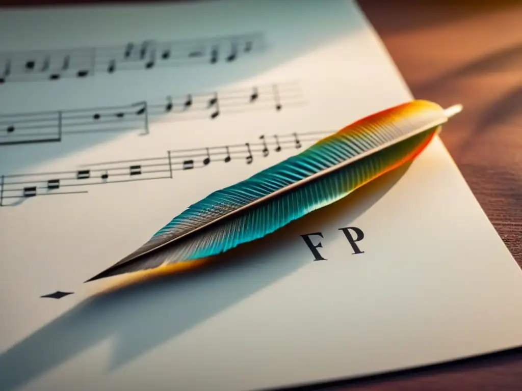 Pluma poética: armonía entre ritmo y rima Pluma sobre papel en diseño intrincado, con notas musicales