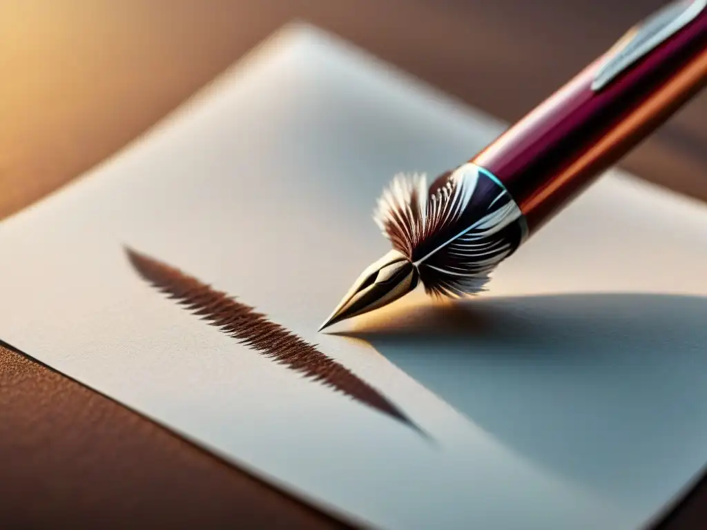 Pluma sobre papel en luz natural cálida, detalle y serenidad, Concursos poesía internacionales preparar obra