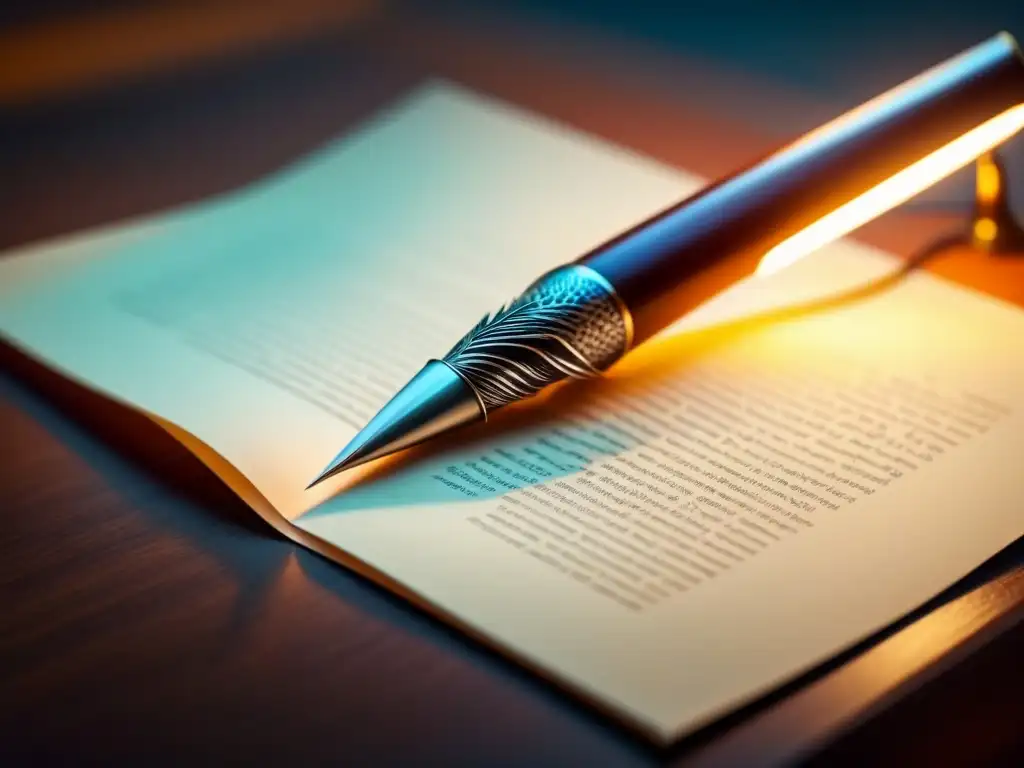 Pluma sobre papel en luz cálida: símbolo de la poesía