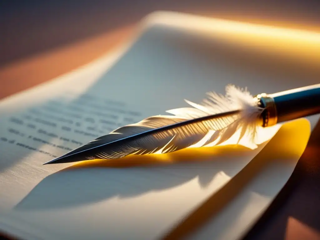 Poesía clásica: pluma sobre pergamino en luz dorada Una pluma reposa delicadamente sobre un pergamino blanco, iluminada por un haz de luz dorada