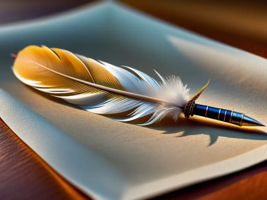 Pluma de escribir sobre pergamino en detalle, perfecta para la creación de poesía a partir de versos