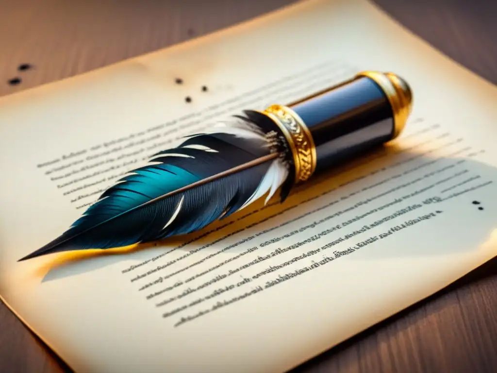 Pluma y pergamino: arte neoclásico Pluma sobre pergamino con salpicaduras de tinta, evocando el Neoclasicismo en la poesía lírica