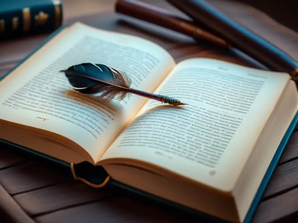 Una pluma y una piedra filosofal descansan en un libro abierto, iluminados suavemente