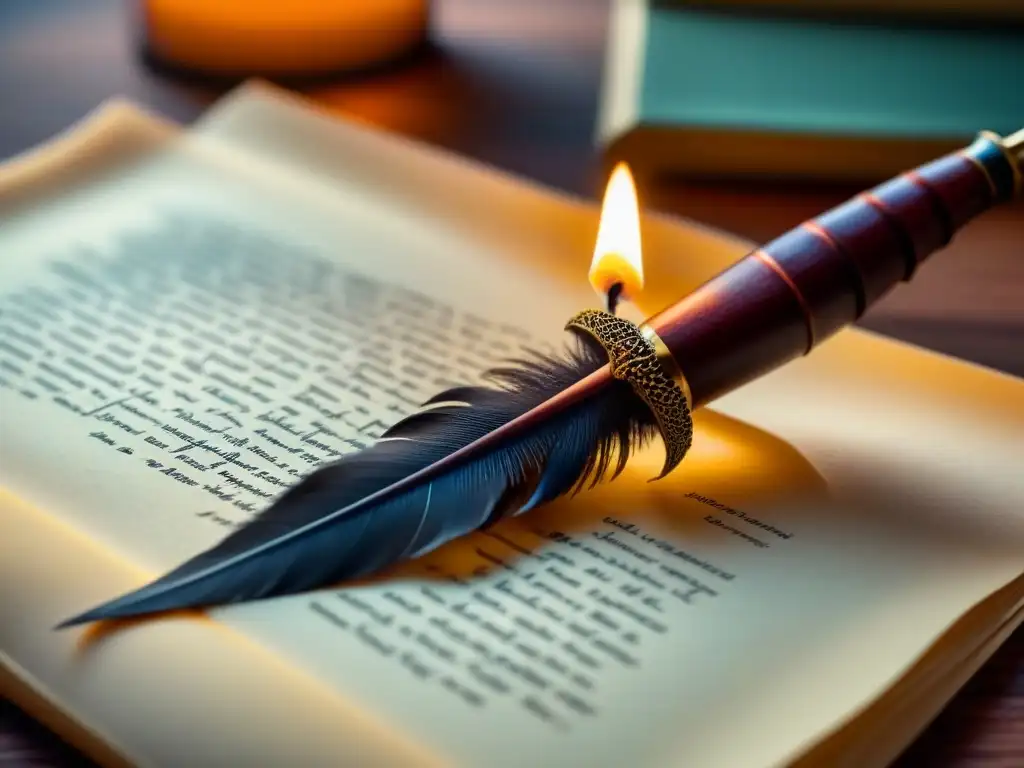 Pluma y pergamino en la corte de Henry VIII: detalle en 8k Pluma de poesía en la corte de Enrique VIII: quill sobre pergamino, iluminado por luz cálida de vela