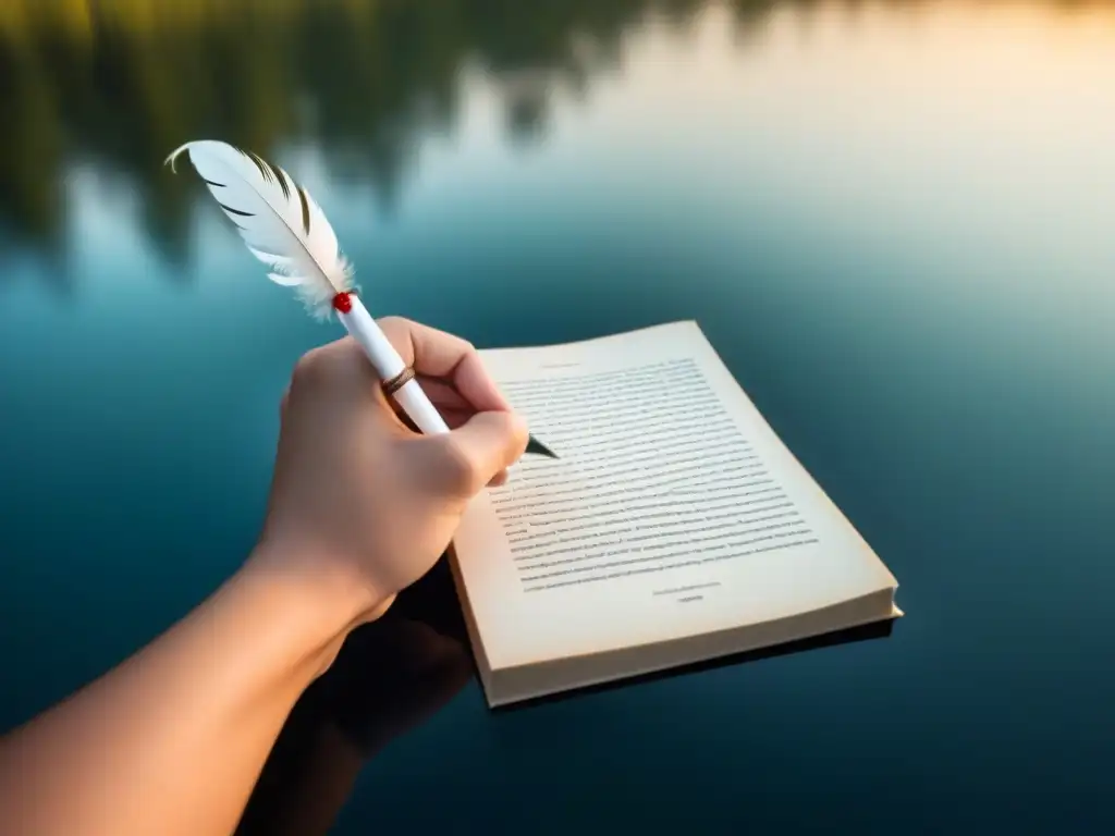 Pluma escribiendo poesía en lago nocturno: Poesía como lenguaje transformador alma