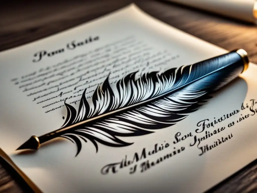 Pluma escribiendo poesía en pergamino blanco con detalle, rodeada de tinta y florituras