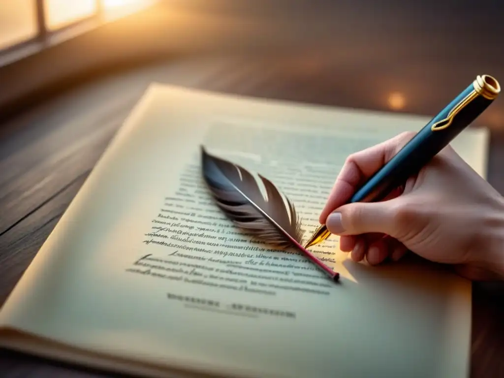 Pluma creando poesía en pergamino en luz etérea, reflejando el poder transformador de la poesía