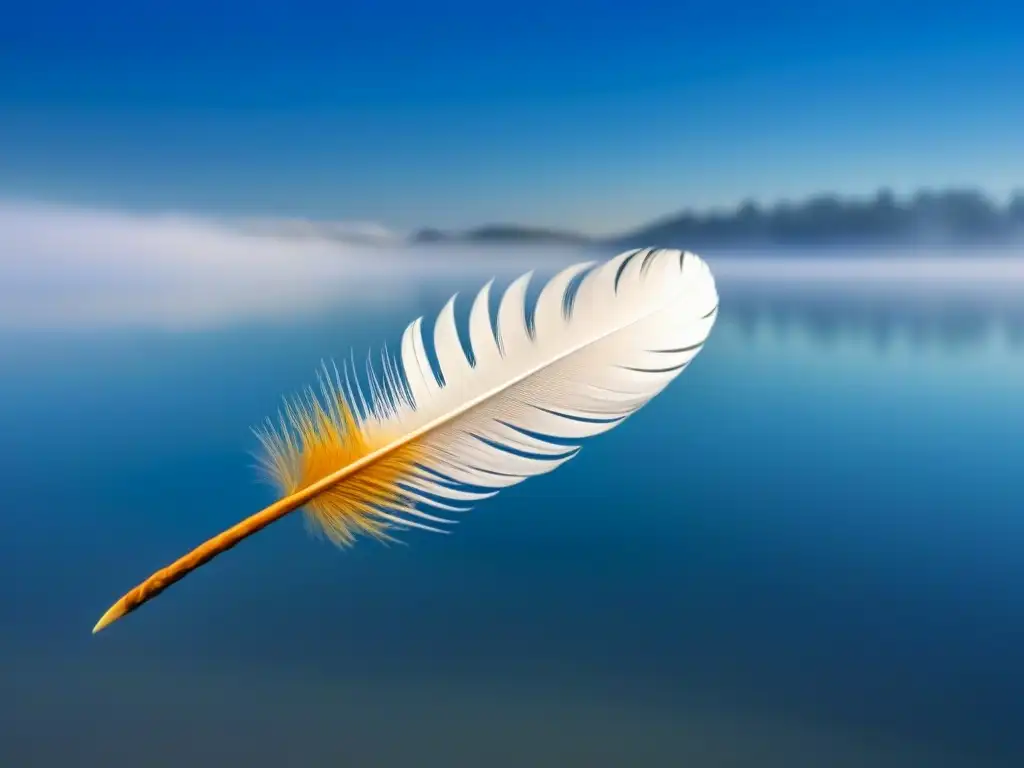 Una pluma solitaria flotando en un ambiente sereno de azules y blancos, simbolizando libertad y pensamiento en poesía lírica