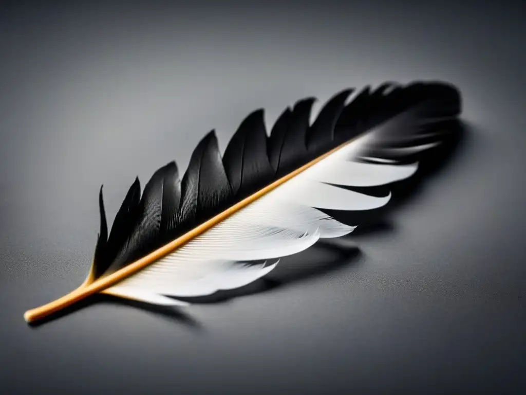 Pluma solitaria: poesía en blanco y negro Una pluma solitaria equilibrada en papel blanco, simbolizando la libertad y ligereza de la forma poética: libertad y límites