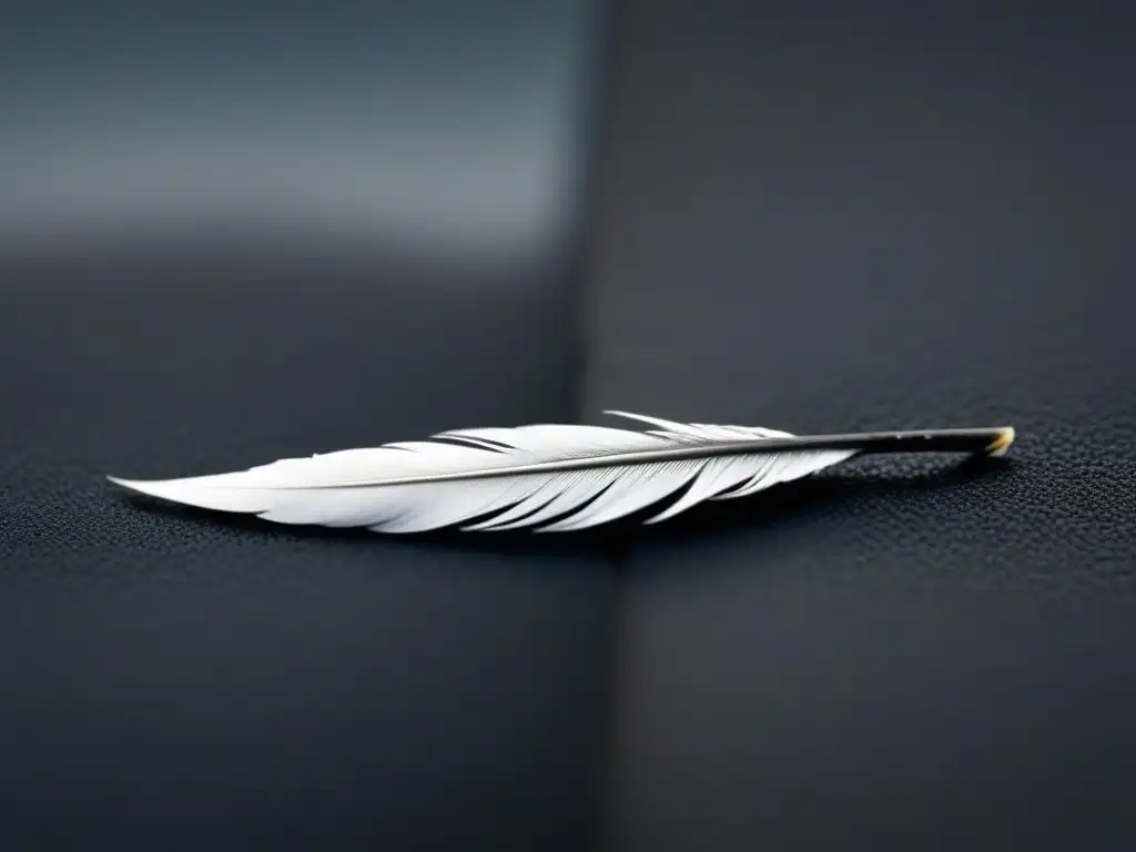 Pluma en equilibrio: reflejo surrealista en espejo Una pluma solitaria en equilibrio sobre el borde de un espejo, reflejando una metáfora en poesía surrealista