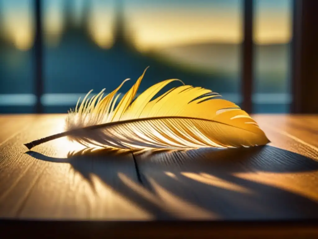 Una pluma solitaria flotando en la luz dorada, proyectando una sombra delicada en un escritorio de madera vintage