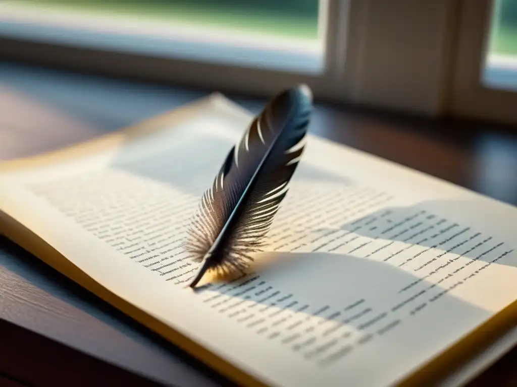 Pluma solitaria descansando en papel en blanco con luz natural, desarrollo estilo poético auténtico