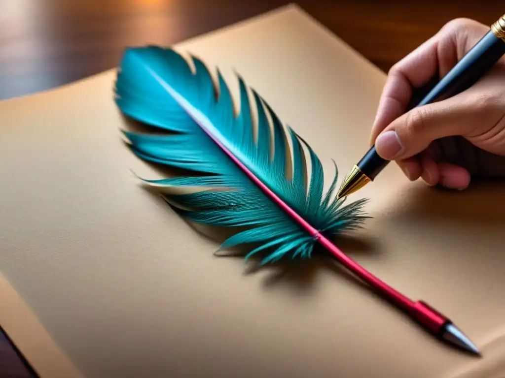 La pluma solitaria reposa en un papel en blanco, iluminada suavemente, evocando el poder transformador de la poesía lírica