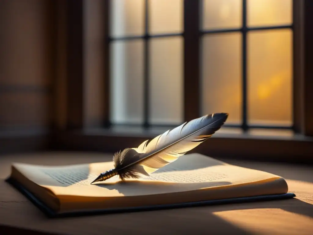 Una pluma solitaria descansa en un pergamino en una atmósfera de elegancia, iluminada por luz dorada