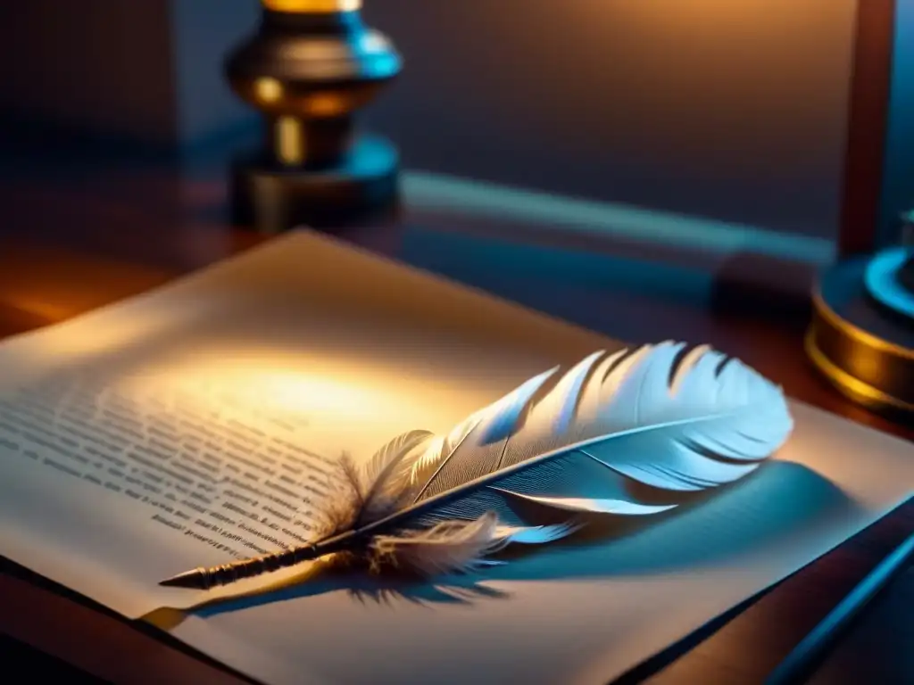 Pluma solitaria sobre pergamino en luz cálida, evoca poesía espinela Pluma solitaria reposando en pergamino en blanco, iluminada por lámpara, evoca la poesía lírica la décima espinela