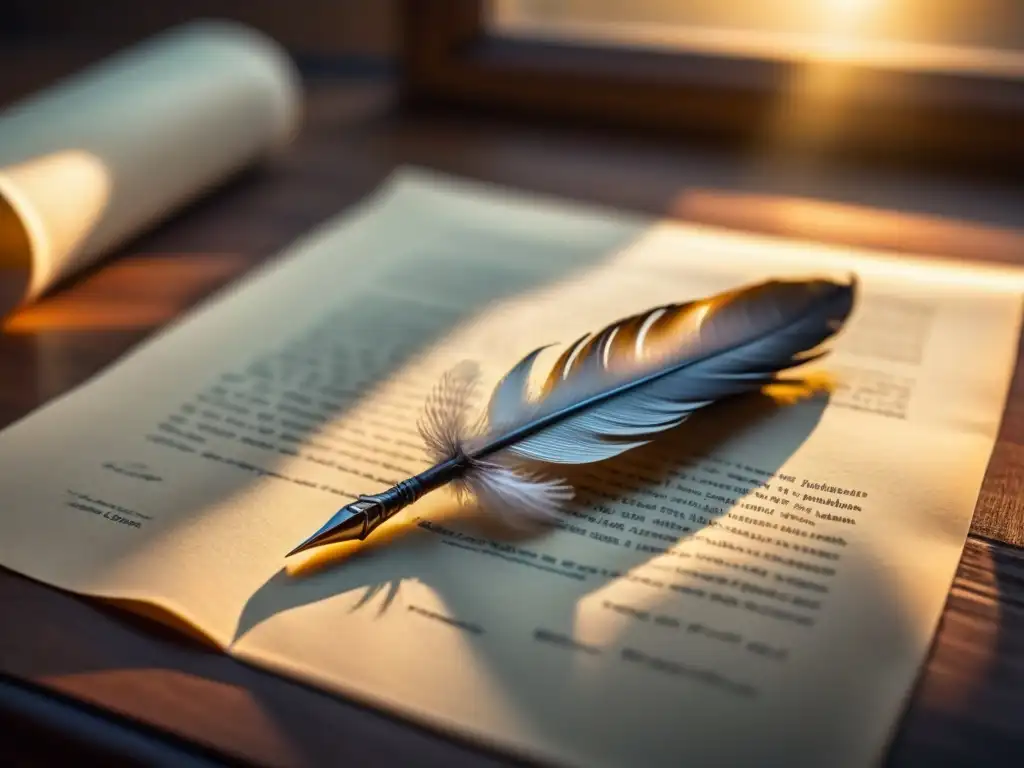 Pluma de escritura en pergamino: detalle ultra realista en 8k Una pluma solitaria reposa sobre pergamino en luz cálida, creando una elegancia atemporal
