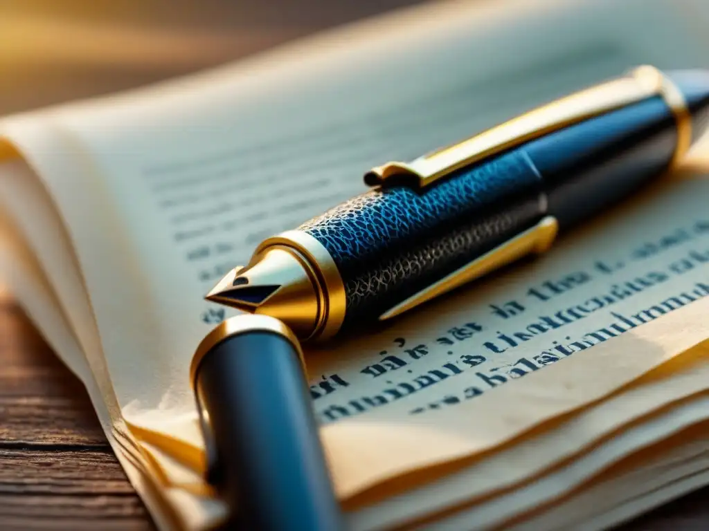 Pluma de tinta negra sobre pergamino amarillento con destellos de oro, transformando versos poesía traductores secretos