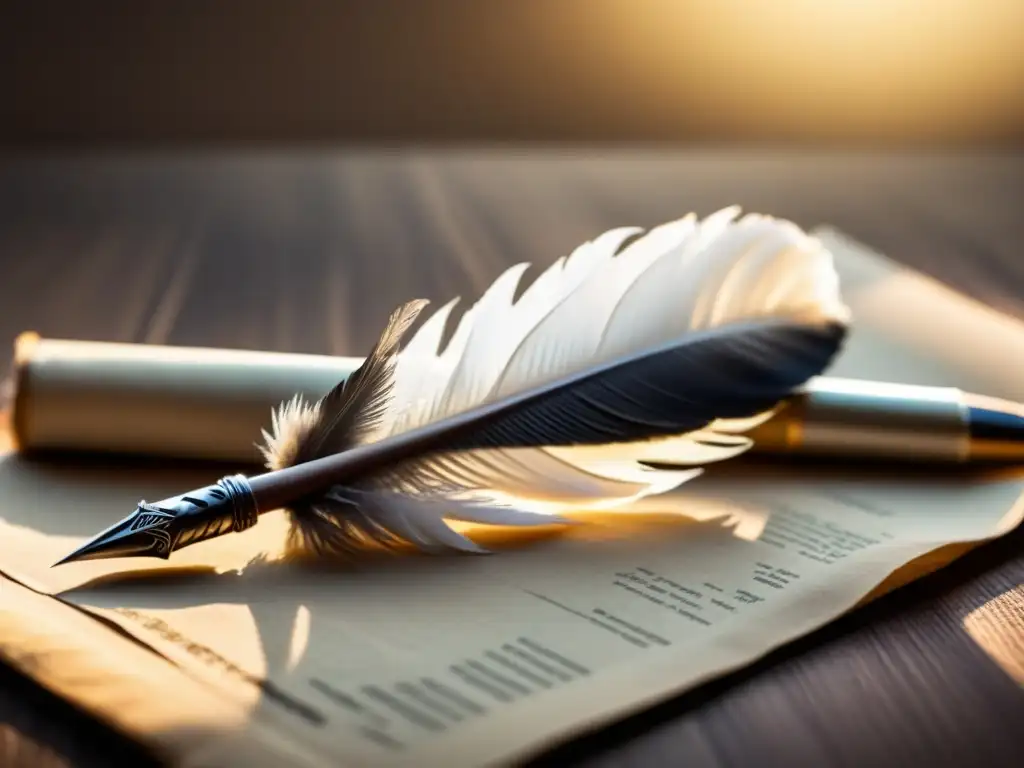 Pluma sobre pergamino: ilustración minimalista en blanco y negro Una pluma de tinta descansa sobre pergamino, iluminada por luz natural, creando un ambiente sereno y contemplativo