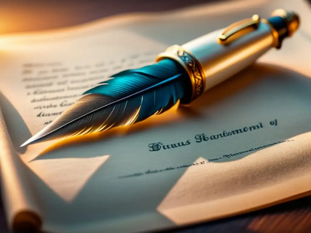 Pluma de escritura sobre pergamino en 8k Una pluma única reposa sobre un pergamino en blanco, iluminada por un suave haz de luz