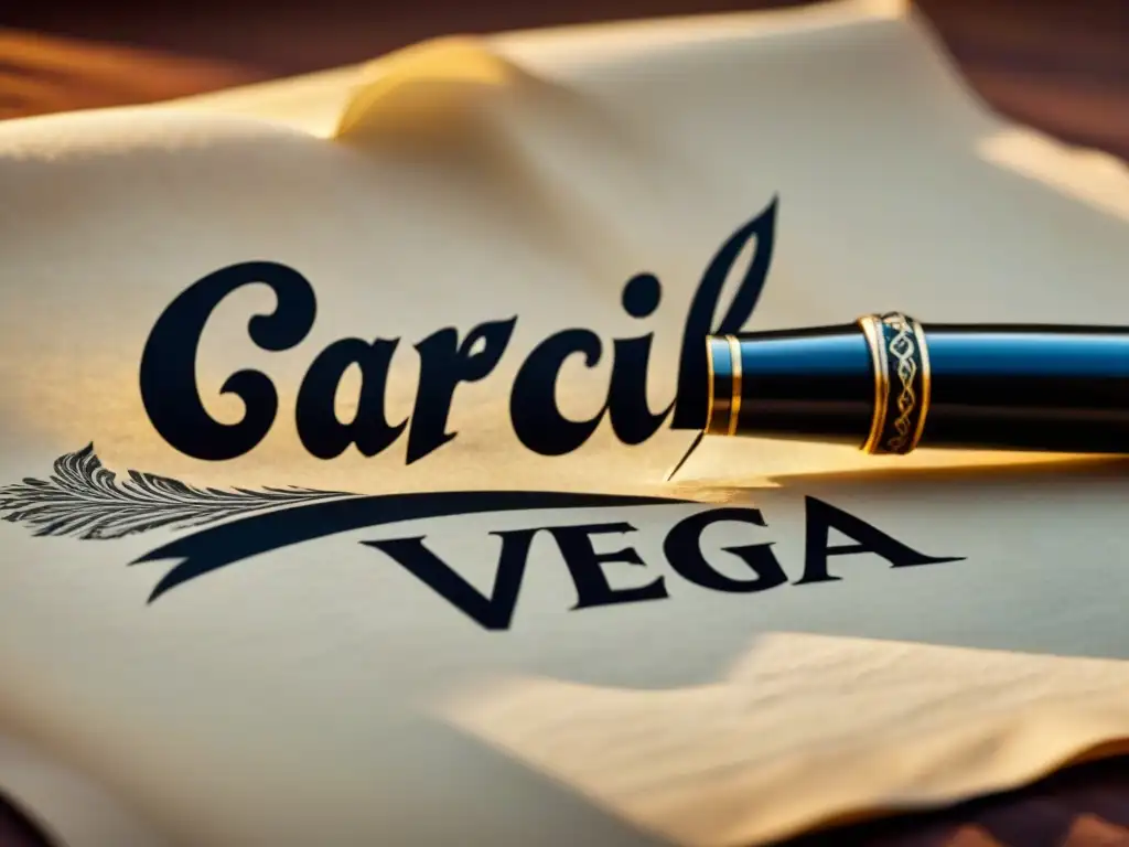 Pluma caligráfica inscribe 'Garcilaso de la Vega' en pergamino Una pluma inscribe 'Garcilaso de la Vega' en caligrafía elegante sobre pergamino, capturando la influencia de Garcilaso de Vega