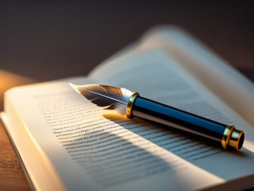 Una pluma escribiendo versos en una página en blanco, resaltando la belleza de la poesía lírica transformadora