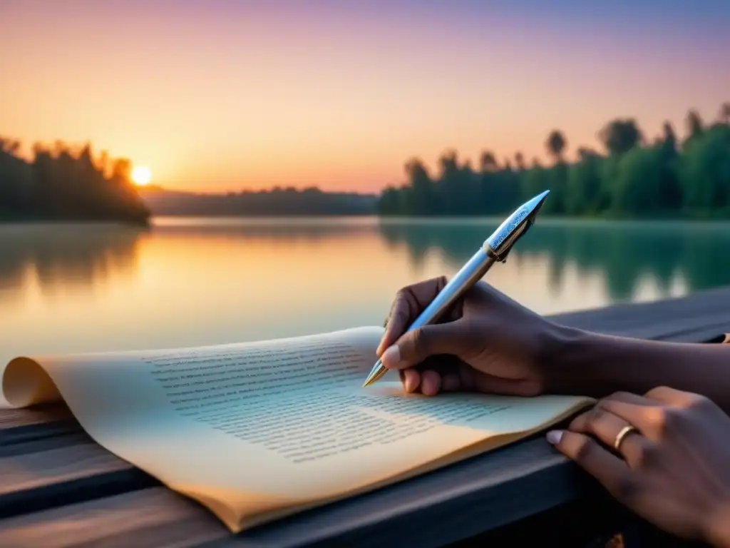 Una pluma escribiendo versos en un pergamino, con un atardecer pastel sobre un lago tranquilo, simbolizando la retórica en poesía lírica