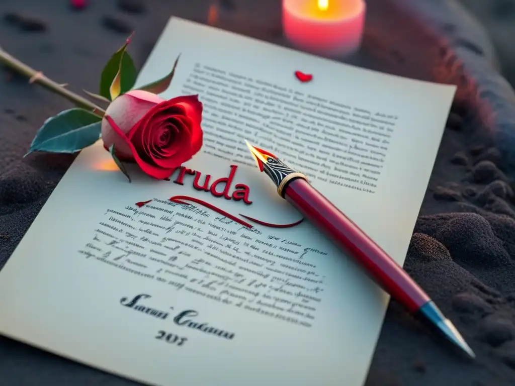 Una pluma escribe versos de Neruda sobre una rosa roja, en una costa iluminada por la luna