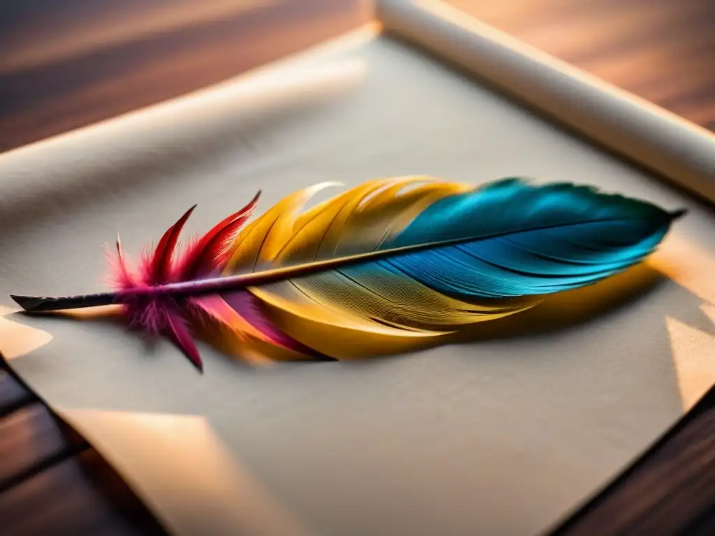 Pluma vibrante sobre pergamino en luz suave, inspirando a desarrollar estilo único poesía