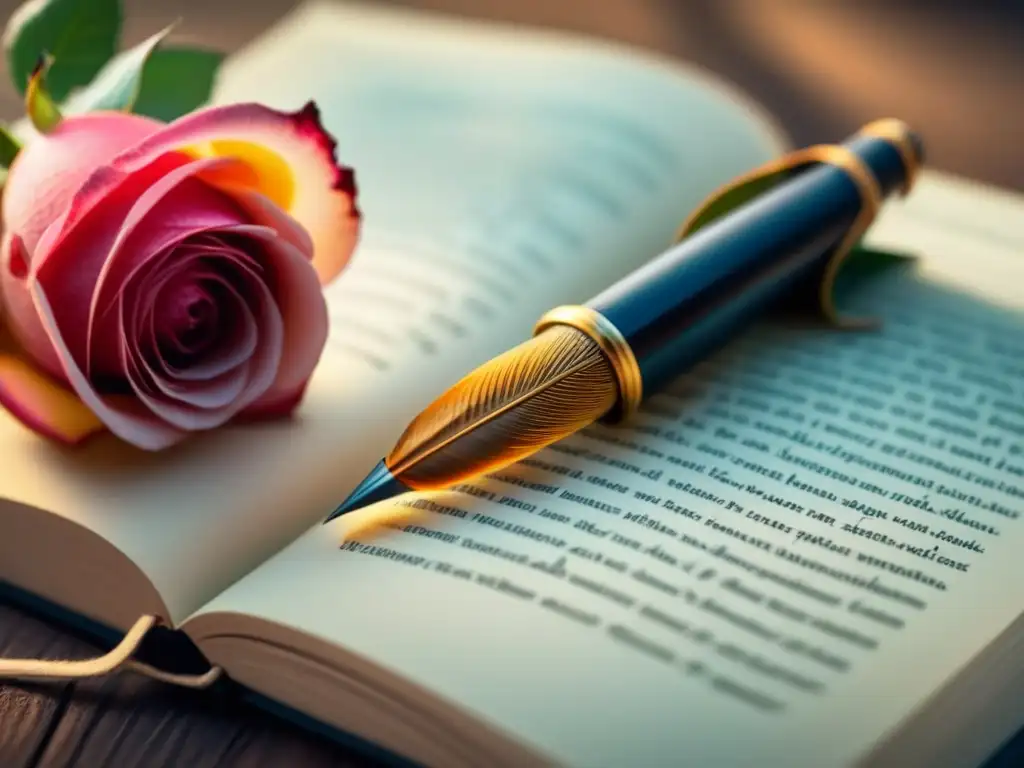 Una pluma delicadamente escribe una rosa vibrante entre versos poéticos, evocando la belleza y arte al participar en premios literarios poesía